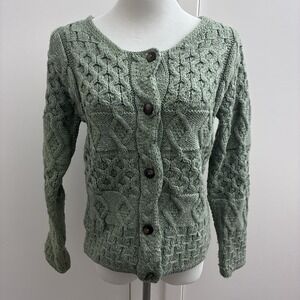 Inis Crafts Womens Small Cardigan Green Merino Wool Aran Chunky Cable Ireland